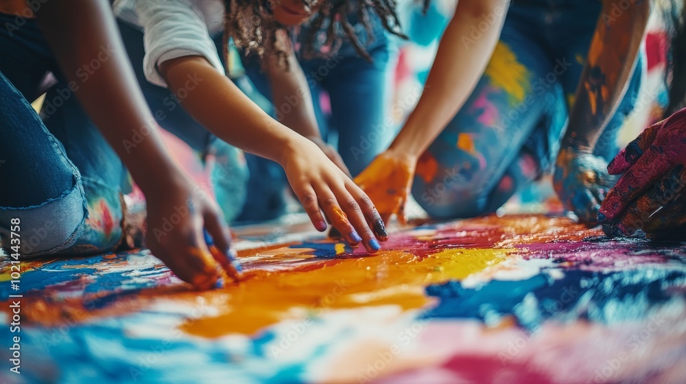 Creativity Unleashed as Diverse Hands Reach for Vibrant Paint in a Lively Art Collaboration on a Colorful Canvas Creativity Unleashed as Diverse Hands Reach for Vibrant Paint in a Lively Art Collaboration on a Colorful Canvas