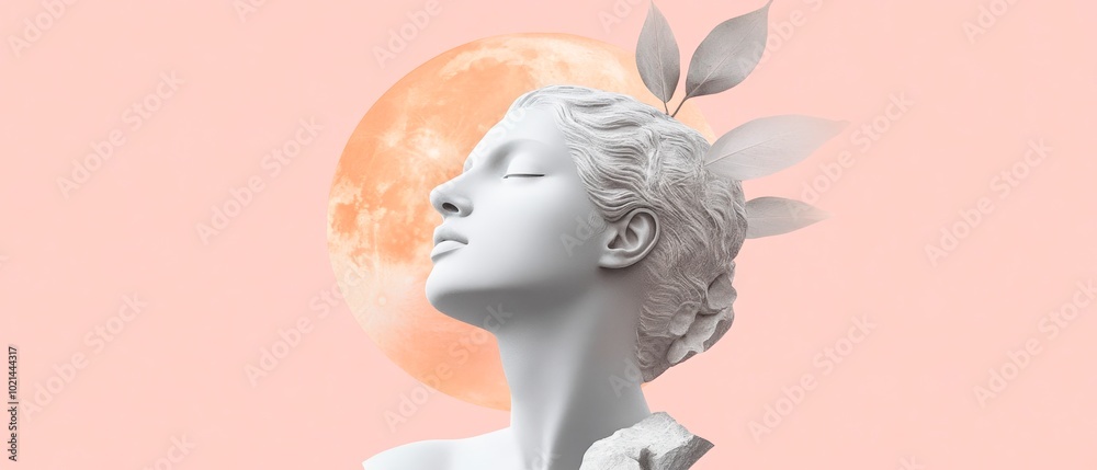 A surreal composition featuring a white, statue-like bust of a person with their head tilted back and eyes closed. Behind the figure is a large, orange-tinted moon. Generative AI A surreal composition featuring a white, statue-like bust of a person with their head tilted back and eyes closed. Behind the figure is a large, orange-tinted moon. Generative AI