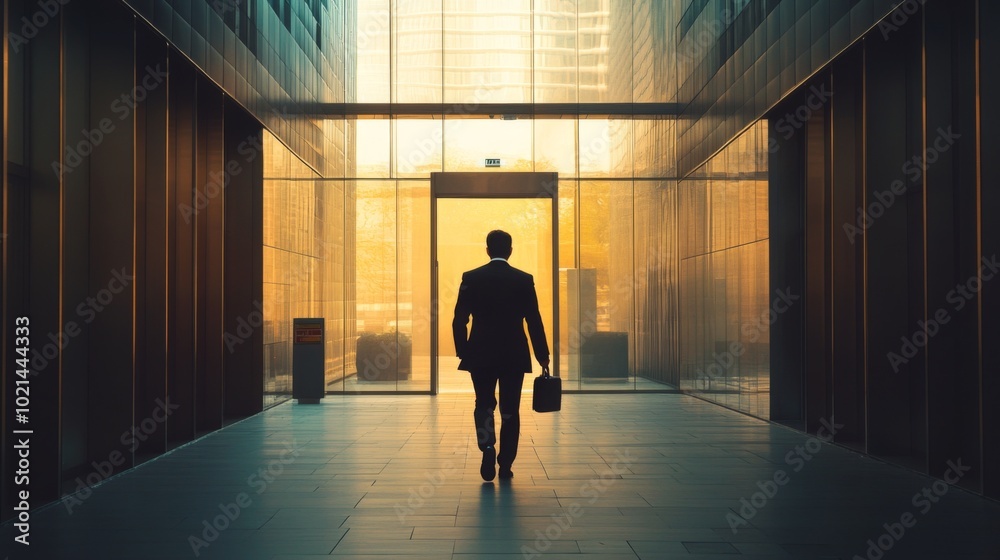 A businessman walks towards a bright, glass-walled building entrance A businessman walks towards a bright, glass-walled building entrance