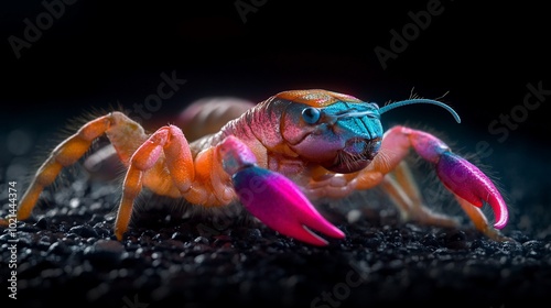 A colorful, vibrant, and detailed image of a whip scorpion with glowing blue eyes. photo