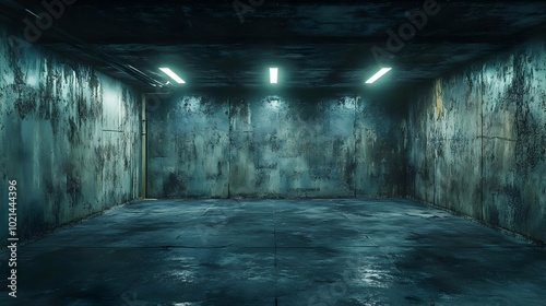 Dark, Empty, Concrete Room with Glowing Lights - 3D Illustration