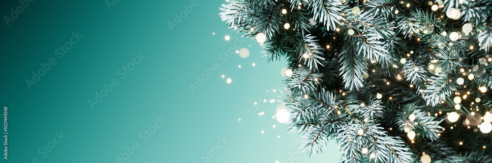 Christmas banner design. Pine tree on teal background with copy space. 3D Rendering, 3D Illustration Christmas banner design. Pine tree on teal background with copy space. 3D Rendering, 3D Illustration