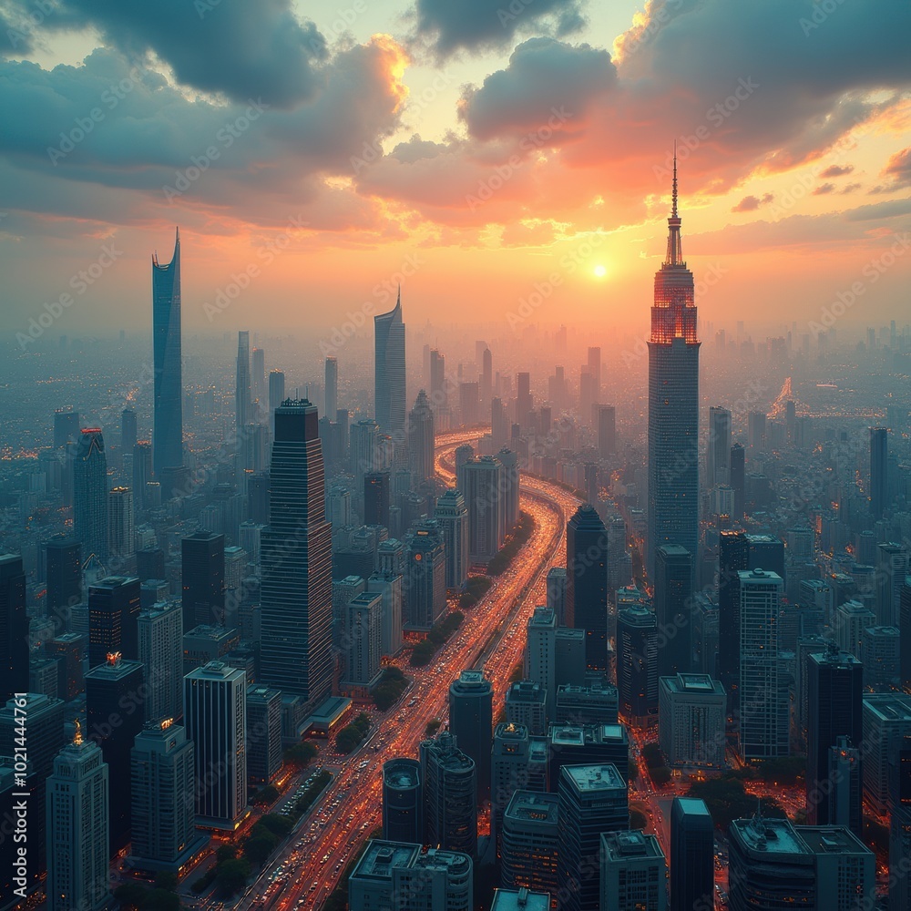 Fototapeta premium A stunning aerial view of a bustling city skyline at sunset, featuring iconic skyscrapers and dynamic traffic. Perfect for business, travel, and urban designs.