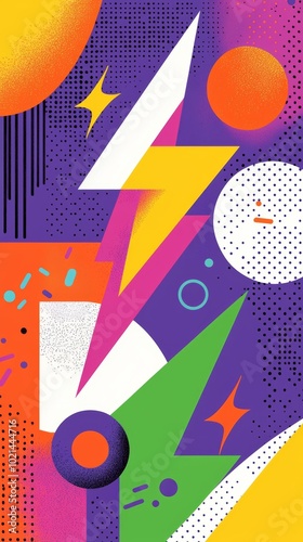 A bold 80s geometric background featuring layered shapes like triangles, circles, and lightning bolts in bright colors like orange, purple, and neon green.