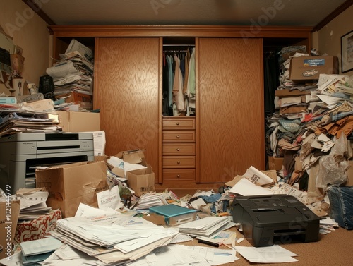 Chaotic Cluttered Room with Overflowing Paper Stacks and Disorderly Closet, Home Office Disarray Concept photo
