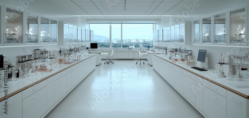 Modern Laboratory Interior Symmetrical Corridor with Benches, Minimalist Design, Cityscape View Sterile Scientific Space for Research and Innovation