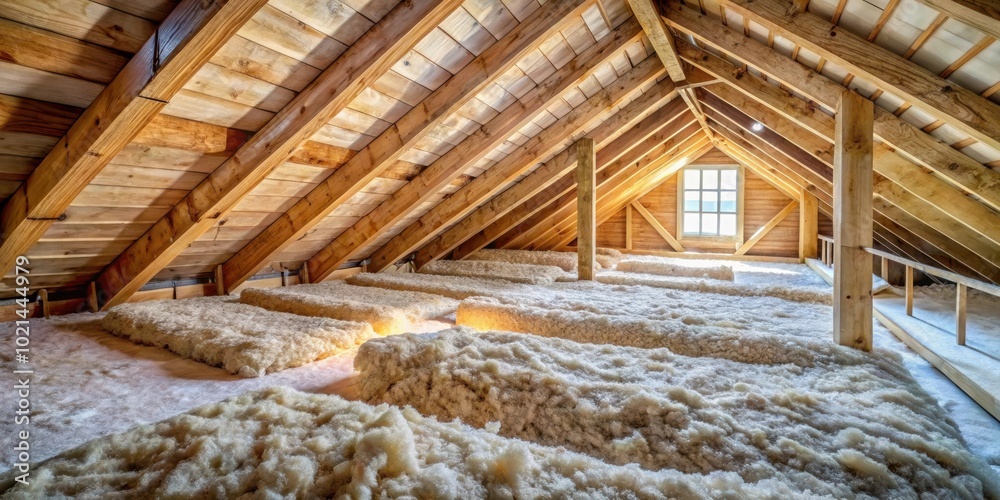 A View of the Attic Floor Covered in Insulation with Wooden Support Beams and a Window A View of the Attic Floor Covered in Insulation with Wooden Support Beams and a Window