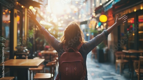 A Carefree Wanderer Embraces the Vibrant Atmosphere of a Charming Alleyway in the Golden Glow of Evening