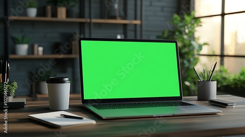 A modern workspace featuring a laptop with a green screen, coffee cup, and stationery, balanced by a touch of greenery in a cozy setting.