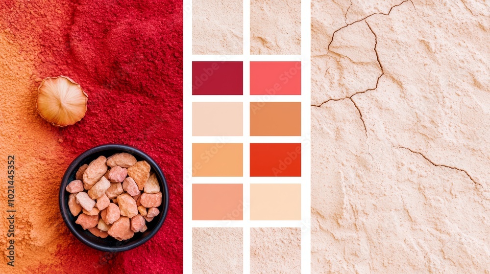 Fototapeta premium A canyon-inspired palette with deep rust red, sandy beige, soft peach, and golden yellow, reflecting the layers and warmth of canyon landscapes.