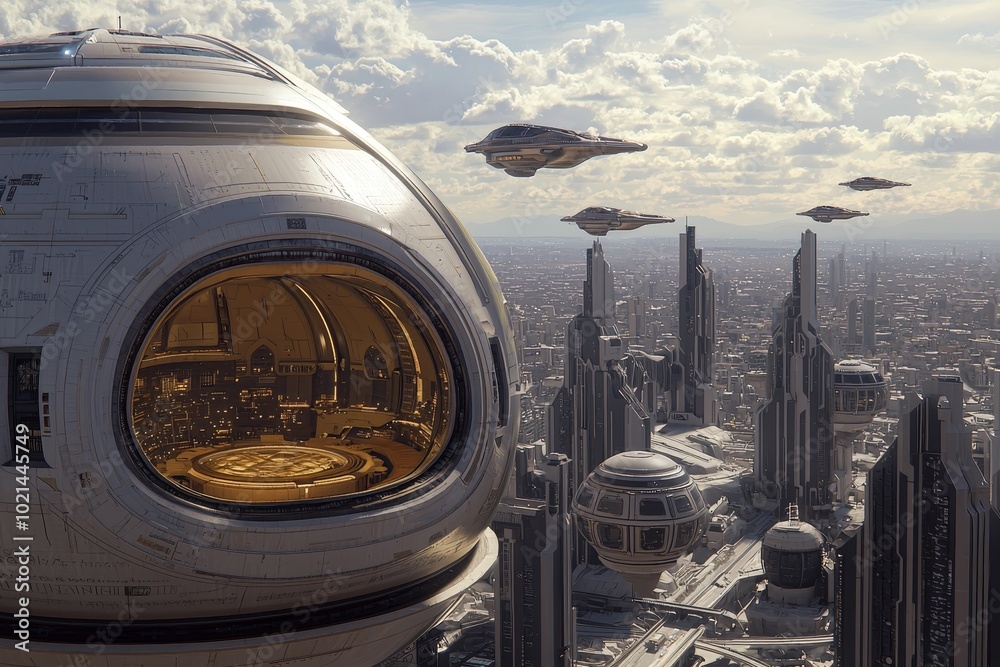 Futuristic Exploration Closeup of Metallic Sphere Spaceship in Sci-Fi Cityscape with Glowing Interior - Urban Technological Adventure Futuristic Exploration Closeup of Metallic Sphere Spaceship in Sci-Fi Cityscape with Glowing Interior - Urban Technological Adventure