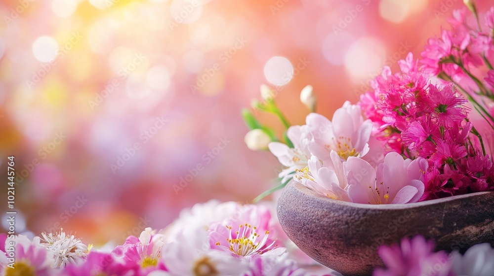 A Vibrant Arrangement of Delicate Flowers in a Rustic Bowl in a Dreamy, Colorful Garden Setting