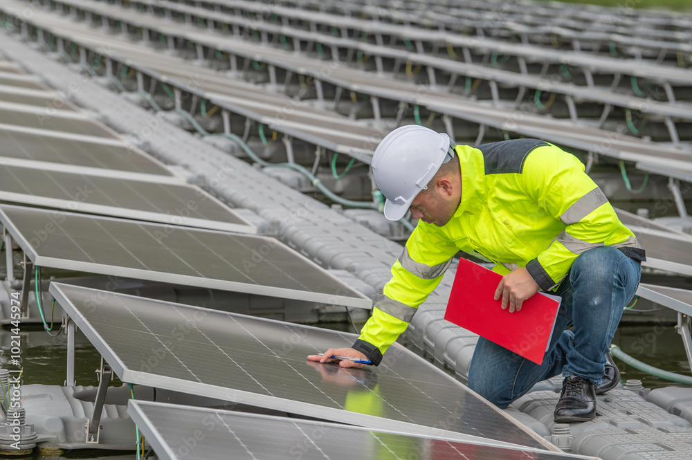 Engineer working at floating solar farm,checking and maintenance with solar batteries near solar panels,supervisor Check the system at the solar power station Engineer working at floating solar farm,checking and maintenance with solar batteries near solar panels,supervisor Check the system at the solar power station