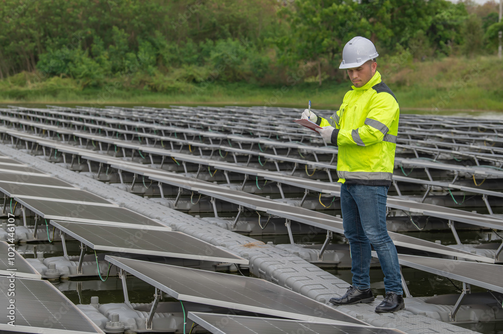 Engineer working at floating solar farm,checking and maintenance with solar batteries near solar panels,supervisor Check the system at the solar power station Engineer working at floating solar farm,checking and maintenance with solar batteries near solar panels,supervisor Check the system at the solar power station