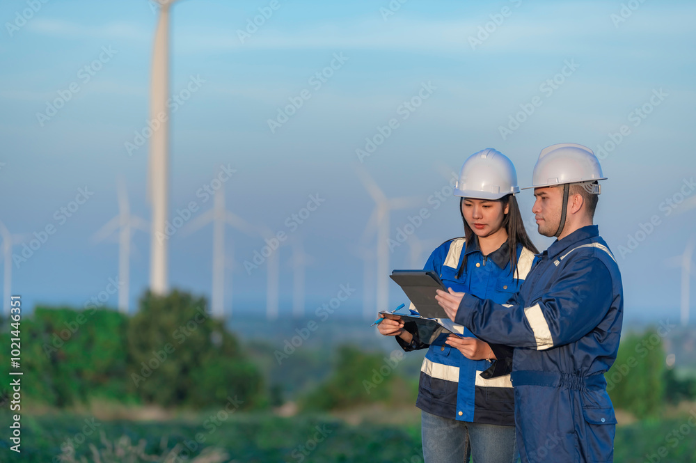 engineers working and holding the report at wind turbine farm Power Generator Station on mountain,Thailand people,Technician man and woman discuss about work engineers working and holding the report at wind turbine farm Power Generator Station on mountain,Thailand people,Technician man and woman discuss about work