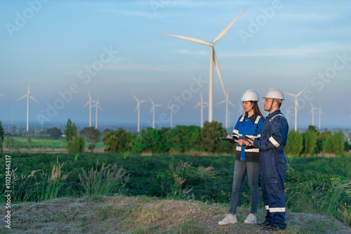 engineers working and holding the report at wind turbine farm Power Generator Station on mountain,Thailand people,Technician man and woman discuss about work