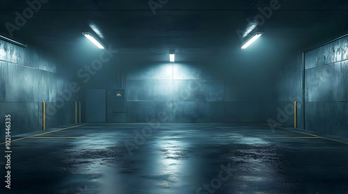 Dark Concrete Garage Interior with Fluorescent Lights 3D Illustration