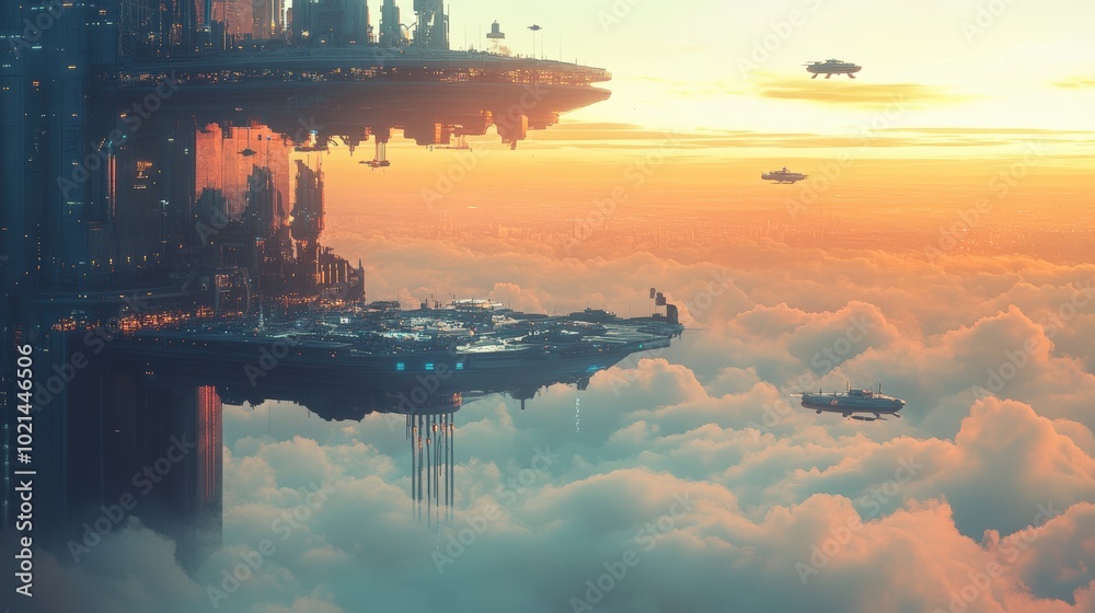 Floating city above clouds with sunset. Floating city above clouds with sunset.