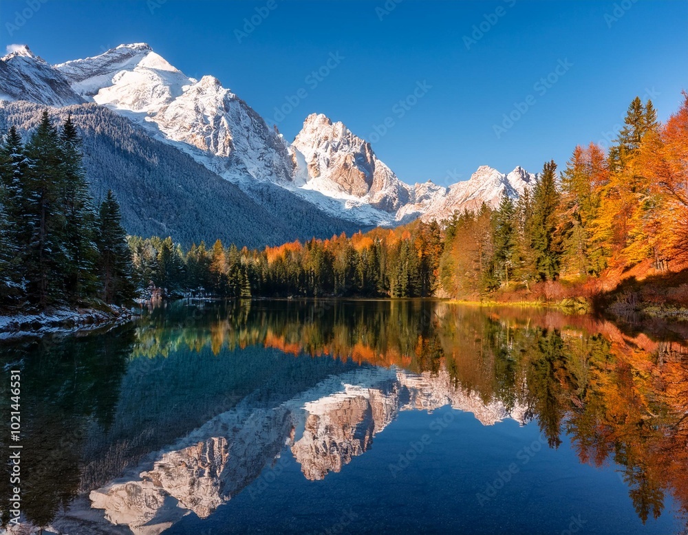 Fototapeta premium Crystal-Clear Lake at the Base of Towering Snow-Capped Mountains, Reflecting the Majestic Peaks and Vibrant Colors of the Surrounding Trees in the Early Morning Light