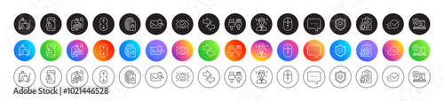 Report document, Luggage trolley and Synchronize line icons. Round icon gradient buttons. Pack of Online rating, Scroll down, Checkbox icon. Lock, Warning message, Biometric eye pictogram. Vector
