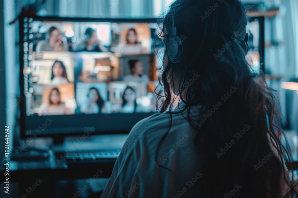 Woman worker video conferencing with diverse colleagues at home. Woman worker video conferencing with diverse colleagues at home.