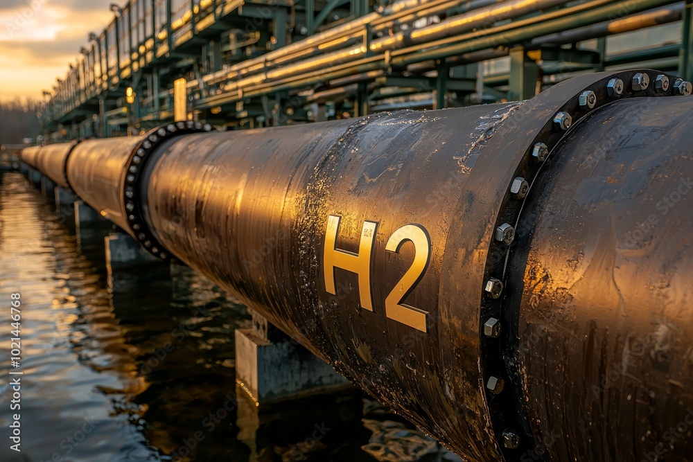 Golden H2 Industrial Pipe at Sunset - Symbol of Power and Progress in Clean Energy Infrastructure Golden H2 Industrial Pipe at Sunset - Symbol of Power and Progress in Clean Energy Infrastructure