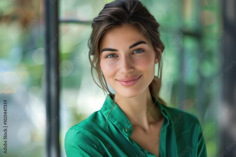 Closeup portrait of attractive young businesswoman wearing green shirt smiling. Closeup portrait of attractive young businesswoman wearing green shirt smiling.