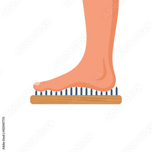 Board Sadhu. Human foot stands on nails. Wooden board for yoga practice. Meditation and relaxation. Wooden board for yoga. Vector illustration flat design. Isolated on white background.