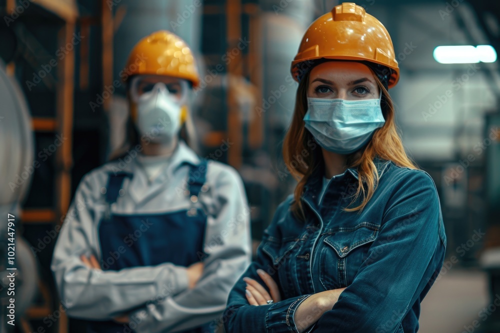 Factory workers wear masks during COVID pandemic.