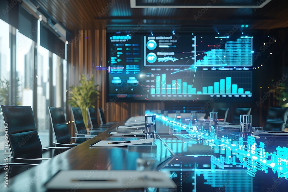 A high-tech office with holographic financial reports and trend analysis floating in the air A high-tech office with holographic financial reports and trend analysis floating in the air