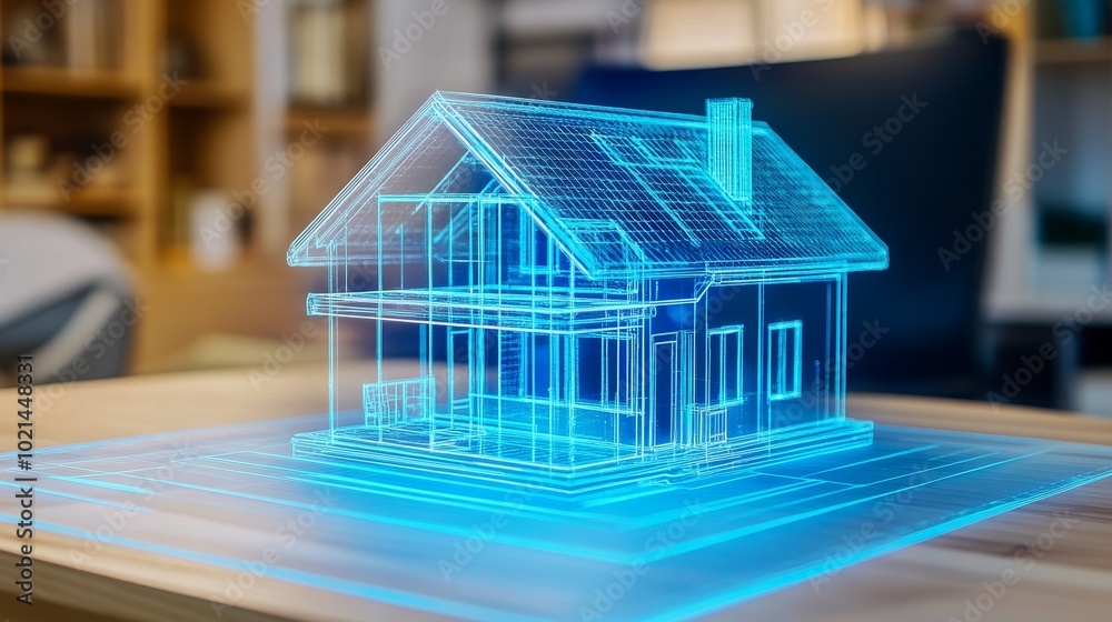 A Futuristic Holographic House Model Displayed on a Wooden Table in a Modern Interior Setting Showcasing Advanced Design A Futuristic Holographic House Model Displayed on a Wooden Table in a Modern Interior Setting Showcasing Advanced Design