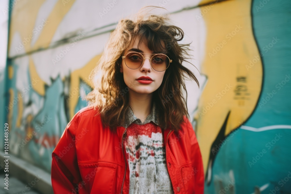 Portrait of a beautiful girl in a red jacket and sunglasses on a background of graffiti. Portrait of a beautiful girl in a red jacket and sunglasses on a background of graffiti.
