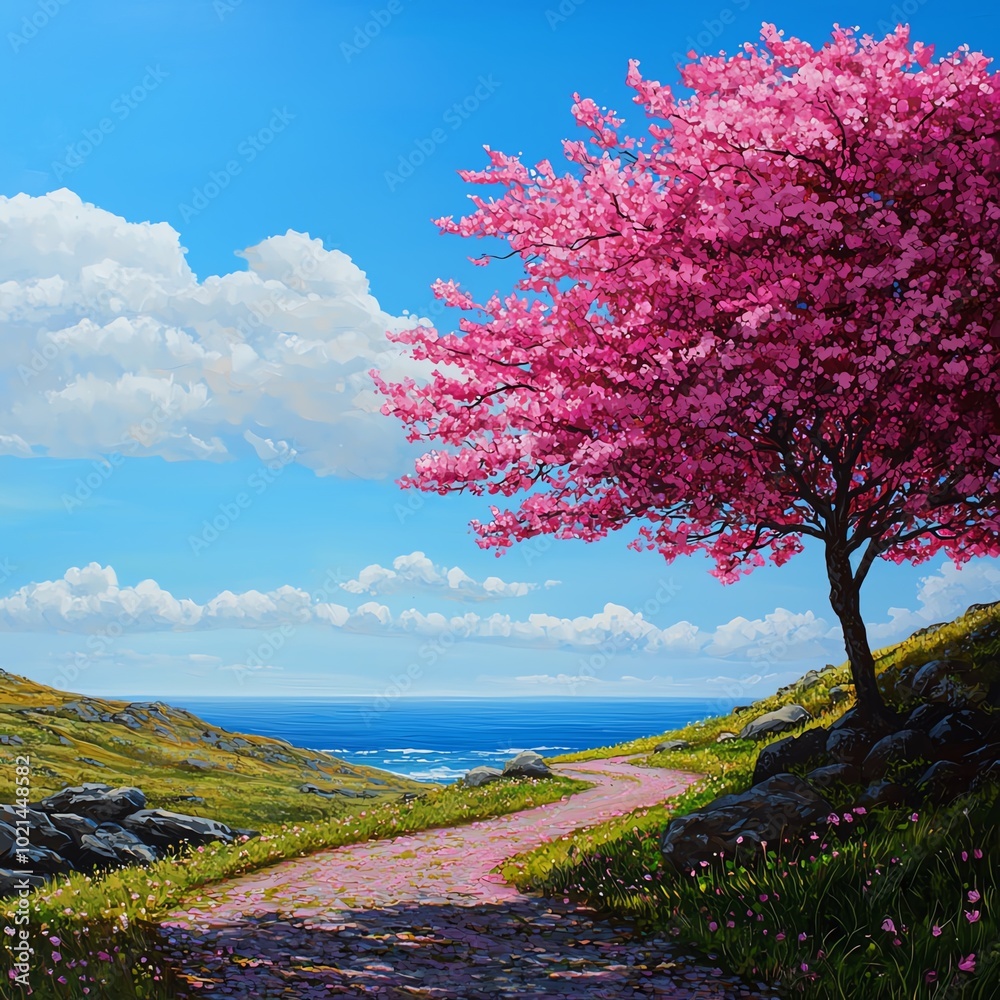 A serene landscape featuring a winding path bordered by vibrant pink trees and a scenic ocean view under a clear blue sky.