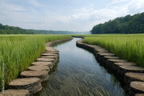 Serene Wooden Pathway Reflections in Tranquil Waters, Nature Landscape with Greenery and Sky Peaceful Outdoor Scene for Relaxation and Inspiration