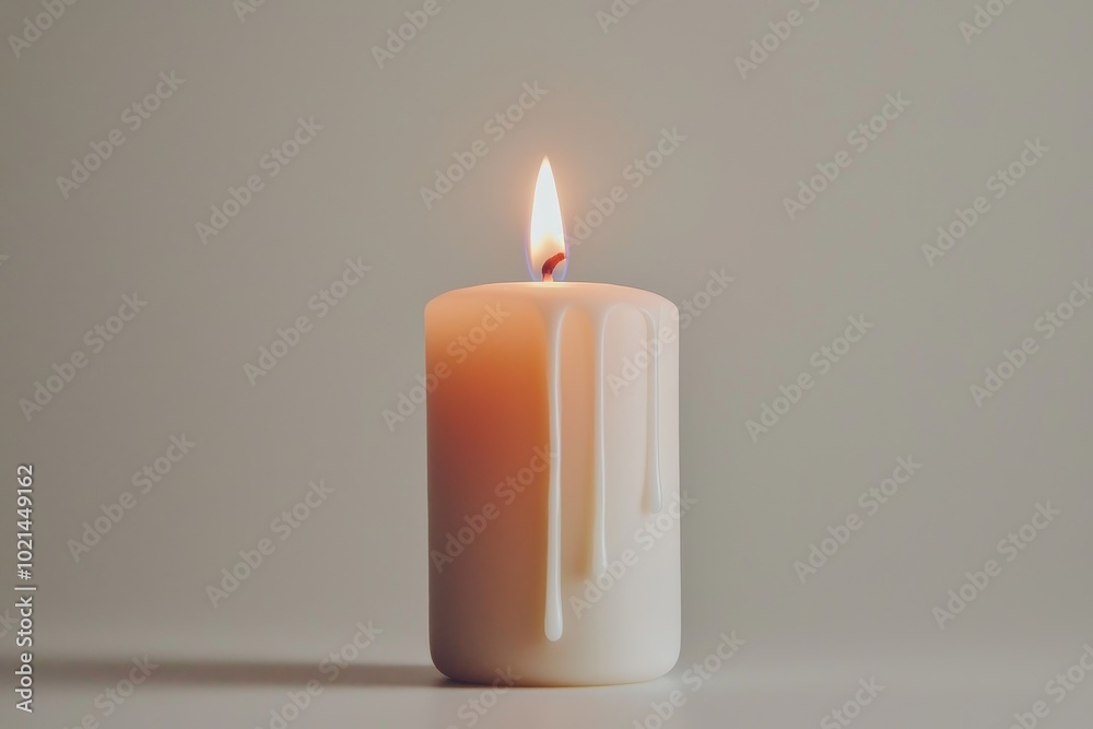Tranquil Candlelight Serenity Close-up White Candle with Warm Flame on Gray Background - Peaceful Home Decor and Relaxation Concept