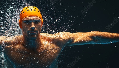 A male swimmer in action, showcasing strength and determination as he glides through the water in a competitive setting.