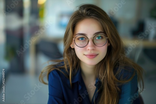 Portrait of smiling pretty young business woman in glasses sitting on workplace