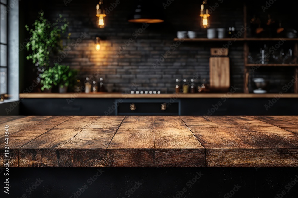 Dark kitchen with wooden table and soft lighting on fuzzy kitchen background.