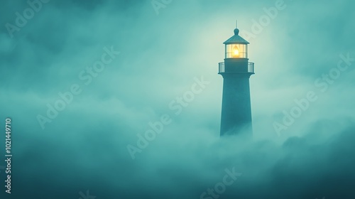 A foggy scene featuring a lighthouse emitting a warm glow, surrounded by dense mist, creating a serene and mysterious atmosphere.