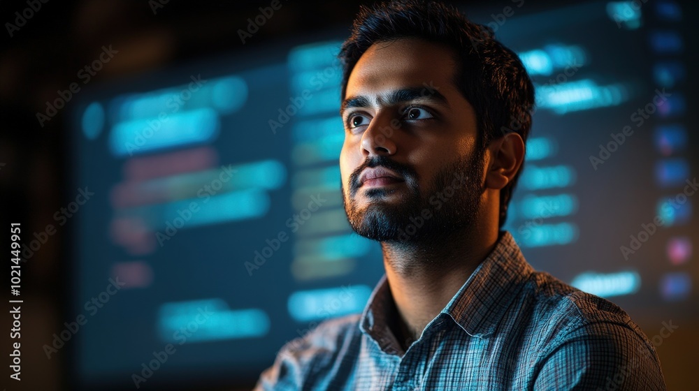 Fototapeta premium Engaging Indian Programmer Presenting Code Fusion in Cinematic National Geographic Style