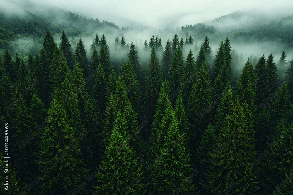Majestic Evergreen Forest Canopy Aerial View of Mystical Green Symphony in Fog - Tranquil Nature Landscape for Wall Art and Relaxation Majestic Evergreen Forest Canopy Aerial View of Mystical Green Symphony in Fog - Tranquil Nature Landscape for Wall Art and Relaxation