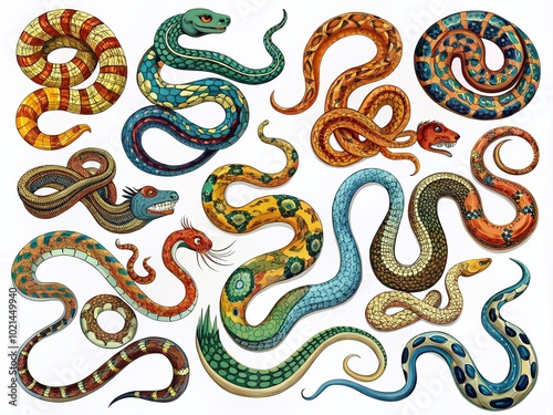 Intricate Hand-Drawn Snakes in Various Poses and Patterns for Creative and Educational Use