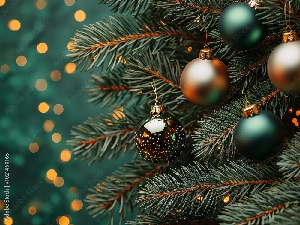 Elegant Closeup of Festive Christmas Tree Branch with Green and Gold Ornaments in Soft Lighting Elegant Closeup of Festive Christmas Tree Branch with Green and Gold Ornaments in Soft Lighting