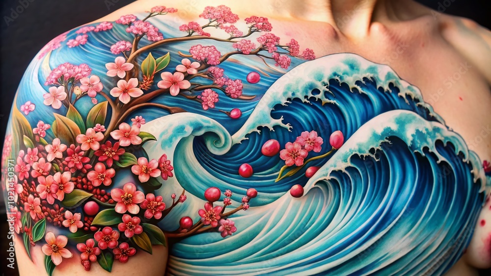 Intricate Japanese Water Tattoo Design Featuring Waves and Cherry Blossoms in Vibrant Colors and Detail Intricate Japanese Water Tattoo Design Featuring Waves and Cherry Blossoms in Vibrant Colors and Detail