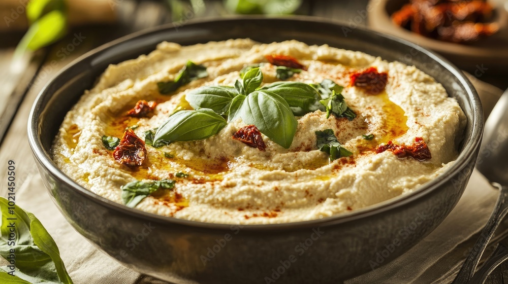Bowl of hummus topped with basil and sun dried tomatoes on the table Bowl of hummus topped with basil and sun dried tomatoes on the table
