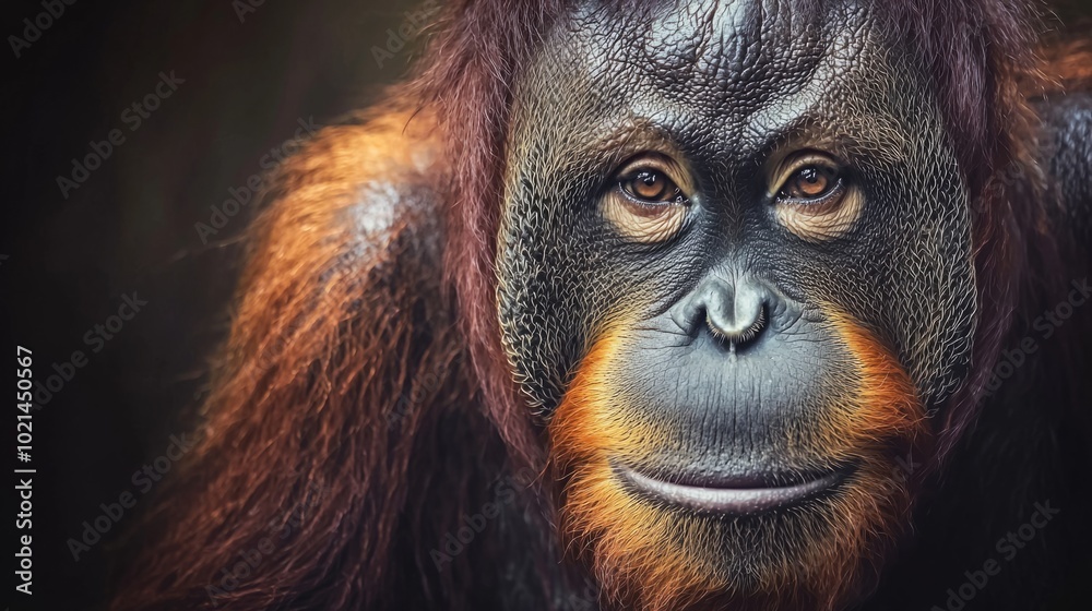 Close-up of male Sumatran orangutan looking at camera Close-up of male Sumatran orangutan looking at camera