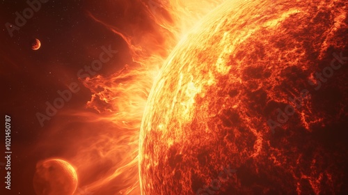 A powerful solar flare bursts from the Sun, hurling intense radiation toward a nearby planet, illuminating space with fiery light in a dramatic cosmic event