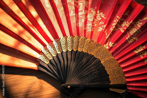 Red and gold patterned fan with dramatic shadows photo