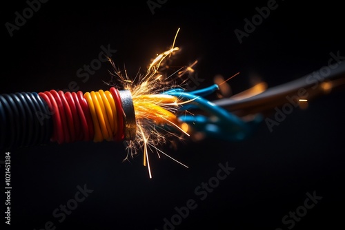 Close-up of an electrical wire short-circuiting with sparks flying out. photo