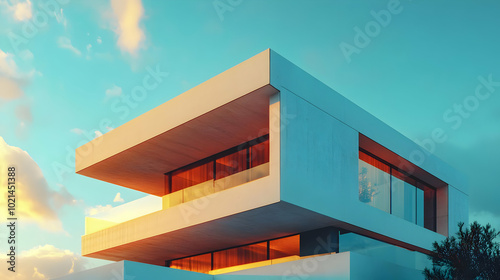 Modern Architecture House with Sunset Sky - Illustration